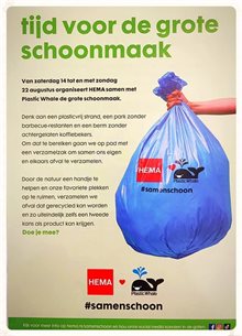 'Tijd voor de grote schoonmaak'. Van zaterdag 14 tot en met zondag 22 augustus organiseert HEMA samen met Plastic Whale de grote schoonmaak.
