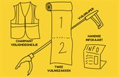 Tekening van veiligheidshesje, vuilniszakken, vuilgrijper en infokaart.