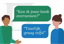Striptekening van een gesprek tussen twee mensen. De een vraagt de ander: 'Kan ik jouw bank overnemen?' De ander reageert: 'Tuurlijk, graag zelfs.'