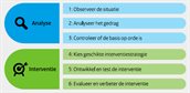 Stappenplan van analyse tot interventie. Analyse: 1. observeer de situatie, 2. Analyseer het gedrag, 3. Controleer of de basis op orde is. Interventie: 4. Kies geschikte interventiestrategie, 5. Ontwikkel en test de interventie, 6. Evalueer en verbeter.