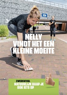 Campagneposter De Bilt met de tekst: Nelly vindt het een kleine moeite, zwerfafval natuurlijk raap je ook iets op