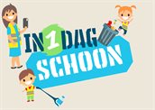 Illustratie met kinderen die zwerfafval rapen met de tekst: in 1 dag schoon